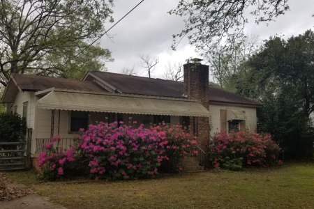 Photo of ugly dirty house behind pretty but overgrown flower bushes